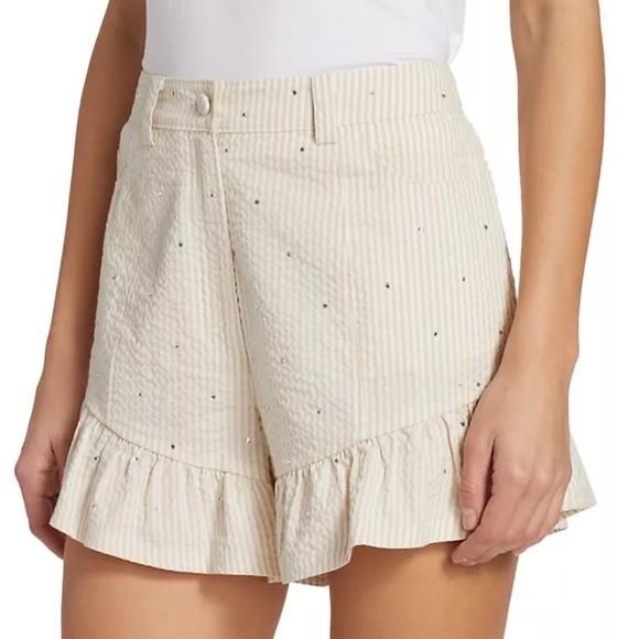Cinq à Sept Rhinestone Ruffle Shorts Seersucker High Rise Pinstripe Cotton Sz.4 - Picture 6 of 8
